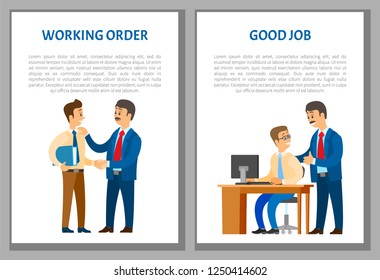 Working order, good job, boss giving instructions to employee, conversation between colleagues. Leader encouraging coworker, praising him, vector posters