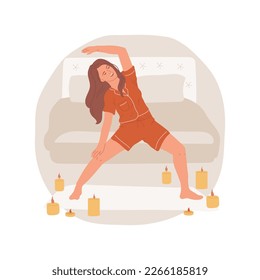 Working out before sleep isolated cartoon vector illustration. Woman doing yoga in the dark room, candles atmosphere, physical activity before bedtime, sleep hygiene vector cartoon.