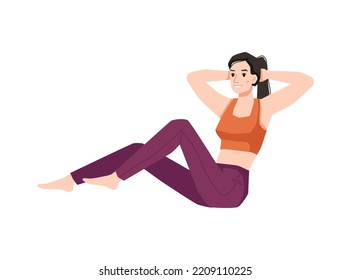 Working out female character doing press exercises to strengthening body muscles and keeping fit. Teenager in gym or home. Vector in flat cartoon style