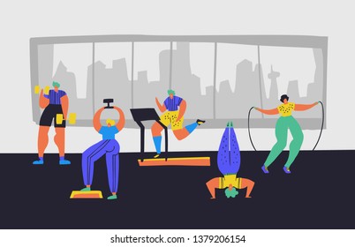 Working out in gym hand drawn vector illustration. People in sportive clothes cartoon characters. Sport club, training hall. Dumbbell lifting, treadmill jogging, headstand, jumping rope