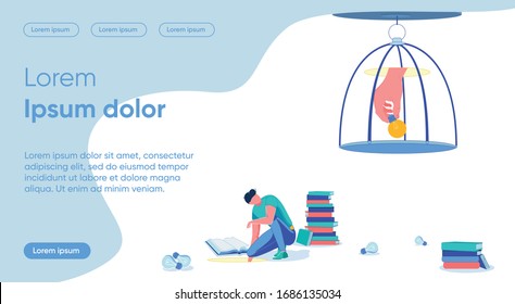 Working Out Idea Flat Landing Page Vector Template. Man Holding Lightbulb in Cell Faceless Character. Hard Intellectual Work Homepage Layout