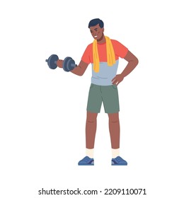 Working out male personage lifting dumbbells, isolated guy in gym doing exercises and growing biceps and muscles. Flat cartoon character, vector in flat style