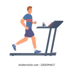 Working out man in gym, isolated male personage running on treadmill. Active lifestyle of athlete, sportsman or practicing guy. Flat cartoon character, vector in flat style