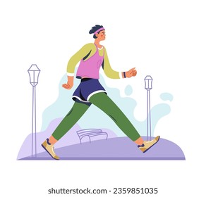 Working out man, wearing sportive clothes, male character running in city park. Jogging and doing cardio exercises, sports workout and keeping healthy fit. Vector in flat styles illustration