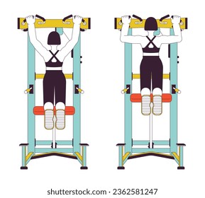 Working out on assisted pull up machine flat line vector spot illustration. Gym woman 2D cartoon outline character on white for web UI design. Strength training editable isolated color hero image