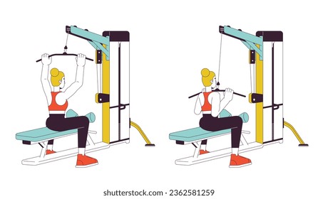 Working out on lat pulldown machine flat line vector spot illustration. Female 2D cartoon outline character on white for web UI design. Upper-body strength workout editable isolated color hero image