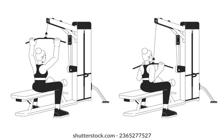 Working out on lat pulldown machine bw vector spot illustration. Female 2D cartoon flat line monochromatic character for web UI design. Upper-body strength workout editable isolated outline hero image