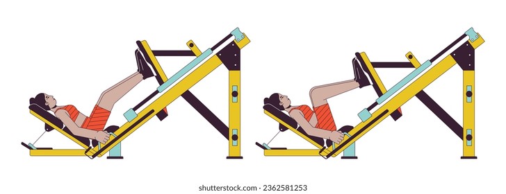 Working out on machine squat press flat line vector spot illustration. Female 2D cartoon outline character on white for web UI design. Leg strengthening routine editable isolated color hero image