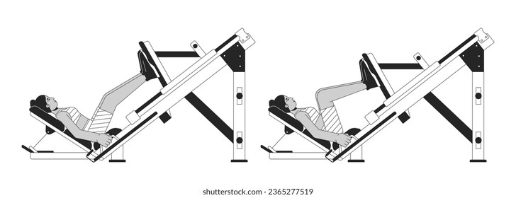 Working out on machine squat press bw vector spot illustration. Female 2D cartoon flat line monochromatic character for web UI design. Leg strengthening routine editable isolated outline hero image