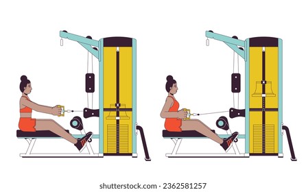 Working out on seated row machine flat line vector spot illustration. Female 2D cartoon outline character on white for web UI design. Prevent back pain exercise editable isolated color hero image