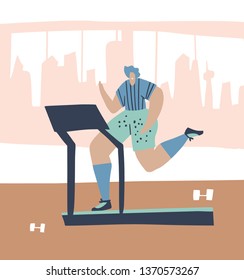 Working out on treadmill hand drawn illustration. Runner using running track cartoon character. Healthy lifestyle. Stamina training exercise flat color drawing. Sport, fitness club, gym hall