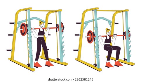 Trabajar en la ilustración de manchas vectoriales de línea plana de alimentación de peso. El personaje de la historieta de dibujos animados 2D del deportista de máquina Smith sobre blanco para diseño de interfaz de usuario web. Imagen de héroe de color aislado editable atlético