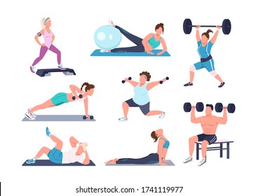 Working out people flat color vector faceless characters set. Different physical exercises isolated cartoon illustrations on white background. Fitness at home. Bodybuilding, yoga and pilates