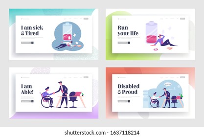 Working Overload, Disabled Employment Website Landing Page Set. Handicapped Worker Introducing with New Workplace, Tired Officer with Low Battery Web Page Banner. Cartoon Flat Vector Illustration