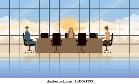 Working overnight. Office people boss and employee in workplace meeting conference room. Professional occupation office people city lifestyle of work hard overtime overwork in early morning sunrise.