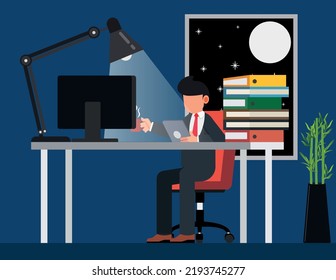 Working overtime. Businessman work hard in rush to finish project in time. 