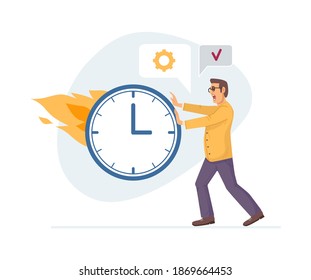 Working overtime at Deadline. Office worker employee running in panic. Office worker hurry up with job, do not have time to meet deadline. Burning tasks and deadlines concept vector illustration
