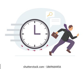 Working overtime at Deadline. Office worker employee running in panic. Office worker hurry up with job, do not have time to meet deadline. Burning tasks and deadlines concept vector illustration