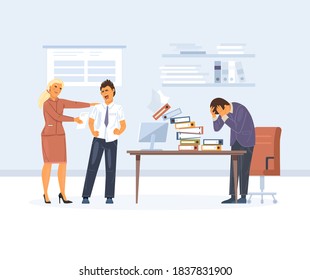 Working overtime at Deadline. Office workers in high stress, fatigue and panic. Employees do not have time to meet deadline. Office workers hurry up with job cartoon vector