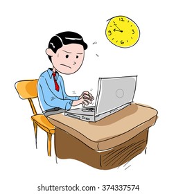 Working Overtime, a hand drawn vector illustration of a man working overtime.