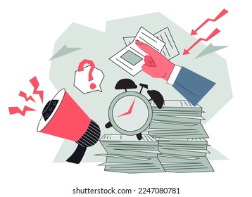 Working overtime under deadline and time constraints. Excessive demands of management. Overwork and overload, overburden at work, flat cartoon vector illustration isolated.