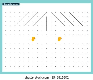 Working page for kids. Educational games for practicing motor skills. Repeat pattern. Worksheet for kindergarten and preschool. Vector illustration