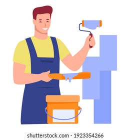 Pintor de trabajo con un rodillo. Ilustración vectorial al estilo de las caricaturas planas. Aislado sobre un fondo blanco.