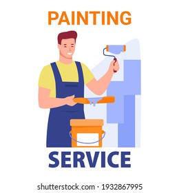 Working painter with a roller. Vector illustration in flat cartoon style. Isolated on a white background.