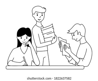 Working with papers in the office. Teamwork concept. Paperwork. Cartoon style. Vector illustration.