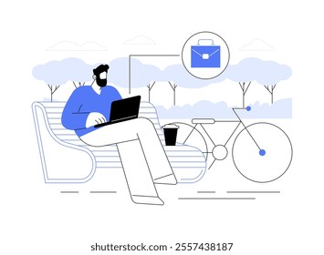 Working in the park isolated cartoon vector illustrations. Smiling freelance man with laptop working in park, remote job, digital nomad, people lifestyle, busy guy outdoors vector cartoon.