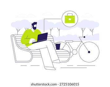 Trabalhando no parque ilustrações isoladas de desenhos animados vetoriais. Homem freelance sorridente com laptop trabalhando no parque, trabalho remoto, nômade digital, estilo de vida popular, cara ocupado ao ar livre vetor cartoon.