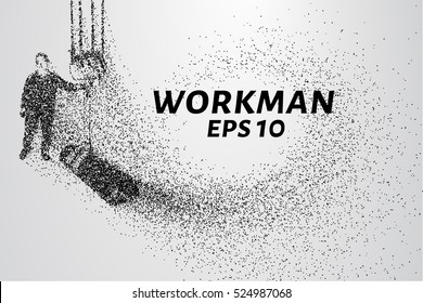 Working of the particles. The worker lifts the load on the winch. Vector illustration.
