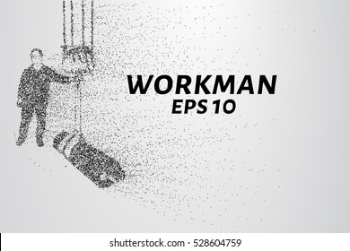 Working of the particles. The worker lifts the load on the winch. Vector illustration.