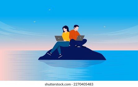 Working in peace and quiet - Two people man and woman working together on laptop computers alone  on deserted island. Flat design vector illustration