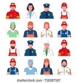 Working People Avatars. Portraits of Public Services Staff - Ambulance, Fire Guard and Police. Icons of Policeman, Fireman, Doctor, Rescuer, Engineer in Flat Style. Men and Women. Vector Illustration.