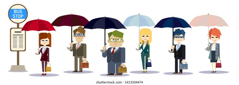 Working people with bright faces lined up at a bus stop on rainy days