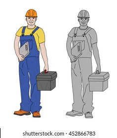 working people builder in overalls and tools. Isolation on a white background. vector illustration