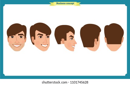 working people, business man avatar icons.Flat design people characters.Business avatars set. Isolated vector on white. Front, side, back, 3/4 view character.for design, animation.Smiling,