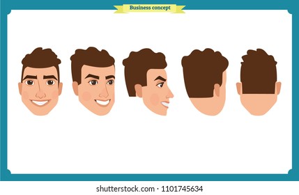 working people, business man avatar icons.Flat design people characters.Business avatars set. Isolated vector on white. Front, side, back, 3/4 view character.for design, animation.Smiling,