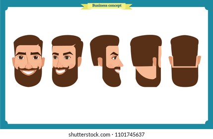 working people, business man avatar icons.Flat design people characters.Business avatars set. Isolated vector on white. Front, side, back, 3/4 view character.for design, animation.Smiling,