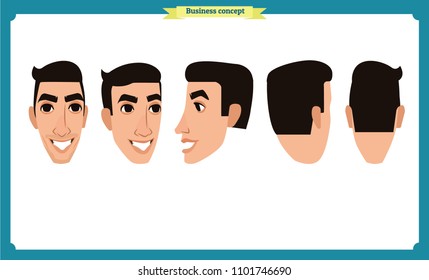 working people, business man avatar icons.Flat design people characters.Business avatars set. Isolated vector on white. Front, side, back, 3/4 view character.for design, animation.Smiling,