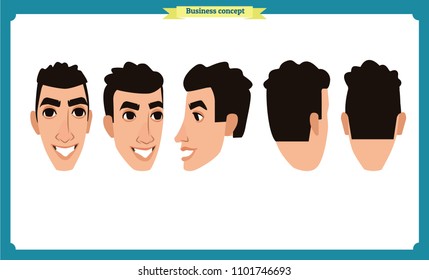 working people, business man avatar icons.Flat design people characters.Business avatars set. Isolated vector on white. Front, side, back, 3/4 view character.for design, animation.Smiling,