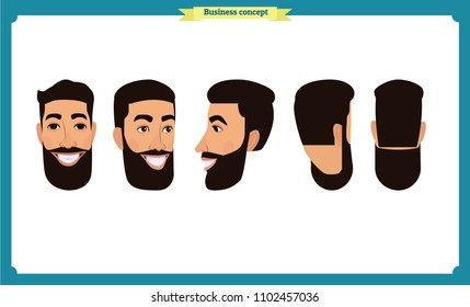 working people, business man avatar icons.Flat design people characters.Business avatars set. Isolated vector on white. Front, side, back, 3/4 view character.for design, animation.Smiling,