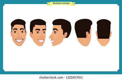 working people, business man avatar icons.Flat design people characters.Business avatars set. Isolated vector on white. Front, side, back, 3/4 view character.for design, animation.Smiling,