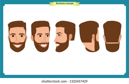 working people, business man avatar icons.Flat design people characters.Business avatars set. Isolated vector on white. Front, side, back, 3/4 view character.for design, animation.Smiling,