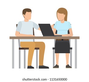 Working people by table, new technologies and usage of laptop while doing tasks researches, analysis woman man vector illustration isolated on white