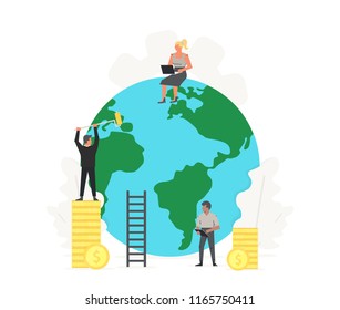 Working people clean up and build the green planet. Ecology and World Health Day illustration. Earth with coins and money business presentations on white background.