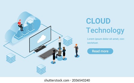 Working people with computer and smartphone. Cloud technology concept