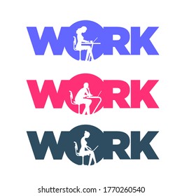 Working people concept typographic design. Working men and women silhouettes in ‘WORK’ word. Vector illustration.