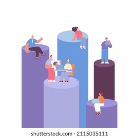 Trabajadores. Diferentes niveles de carrera, diagrama financiero con trabajadores. Estructura del jefe de negocio y de la empresa, concepto de vector de gestión de equipos